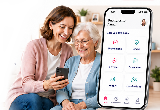 Caregiver e anziana sorridono guardando il telefono, con anteprima dell'app curAma Sentinel