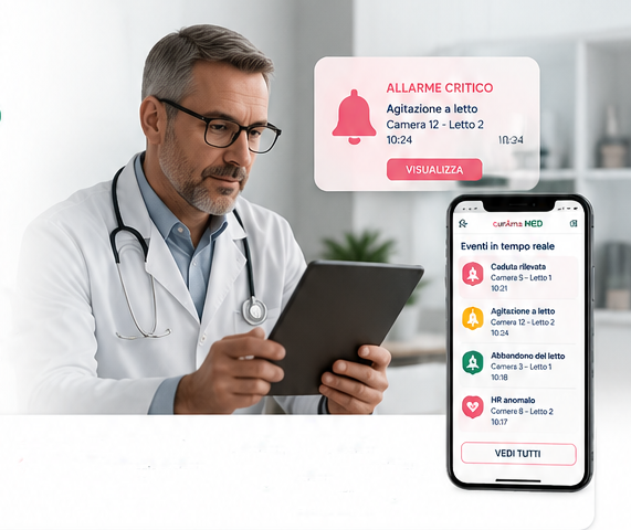 Medico con tablet, allarme critico in tempo reale e app curAma MED su smartphone