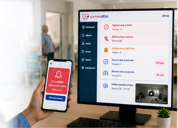 Operatore con smartphone e monitor che mostrano la dashboard di curAmaRSA Sentinel